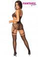 Catsuit nera a rete con ricami ed anelli.