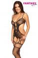 Catsuit nera a rete con ricami ed anelli.