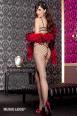 Music Legs: catsuit a rete nera con stringhe rosse sulla scollatura