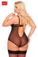 Body in tulle e pizzo con stringhe incrociate. Nero. Plus size.