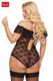 Body KAMILA in pizzo con volant in tulle. Nero. Plus size