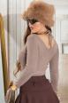 Maglia Color Cappuccino con Scollo a V e Collarino da Legare