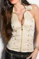 Top beige con zip e borchie dorate.