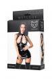 Trisha - Mini abito nero lucido senza coppe con catene.