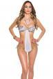 Monokini leopardato bianco con anelli dorati e drappeggio.