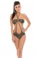 Monokini leopardato con catene ornamentali.