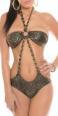 Monokini leopardato con catene ornamentali.