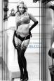Calze nere da reggicalze con ricami e riga blu. Art. BS152