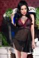 Babydoll in tulle con coppe in pizzo. Nero rosa scuro