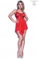 Babydoll rosso in tulle e pizzo con spalline incrociate.