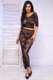 Top e leggings in rete ricamata floreale. Nero
