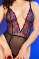 Body in tulle con ricami blu/rosa, reggicalze e calze.