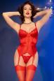 Set intimo 3 pz in satin e pizzo con calze. Rosso