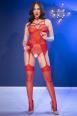 Body in tulle e rete con reggicalze e calze. Rosso