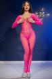 Catsuit a rete sottile a maniche lunghe. Rosa