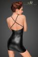 Mini abito nero con coppe in tulle e ricami in pizzo.