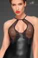 Mini abito nero con coppe in tulle e ricami in pizzo.