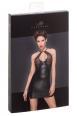 Mini abito nero con coppe in tulle e ricami in pizzo.