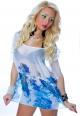Camiciola in chiffon con ricami floreali. Bianco/blu.