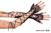 Music leg: guanti lunghi in rete a mezze dita con nastrini.