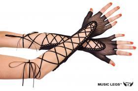 Music leg: guanti lunghi in rete a mezze dita con nastrini.