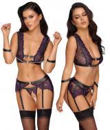 Set intimo 4 pezzi in pizzo viola con polsini.