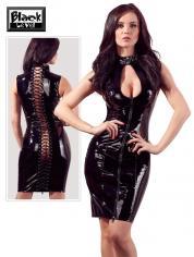 Abito in vinile con zip e stringatura posteriore.