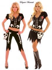 Costume scheletro 4 pezzi. Include gonna e pinocchietti.