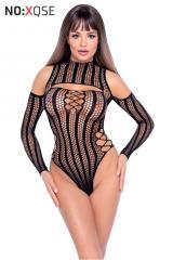 Body in rete con maniche lunghe ed intagli.