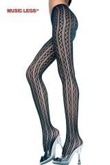 Music Legs: collant nero ricamato a righe e zig zag.