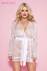 Vestaglia corta in pizzo con cintura in raso. Bianco XL