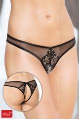 Softline - Slip brasiliano in pizzo e tulle con borchiette. Nero