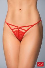 Tanga rosso in pizzo con stringhe ed anello.