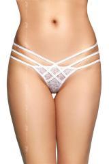 Tanga bianco in pizzo con tre fianchetti incrociati.
