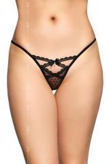 Tanga nero in pizzo a pois con fiocchi e pendenti.