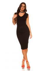 Midi dress with V-neck and collar. Black.