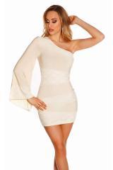 Mini abito monospalla con inserti in pizzo. Crema