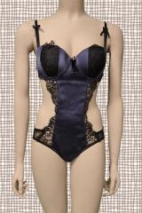 Body in satin e pizzo. Blu-nero