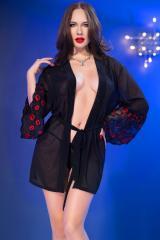 Short robe with belt + thong, heart pattern with lips.