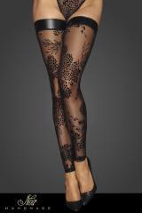 Calze in tulle con ricami floreali floccati e fascia in Powerwetlook.