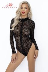 Body leopardato floccato con maniche lunghe.