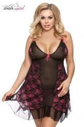 GIA - Babydoll in tulle con pizzo nero/fucsia + perizoma.