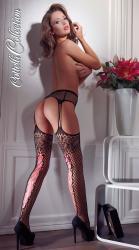 Collant a rete, effetto reggicalze, con stringatura rosa.
