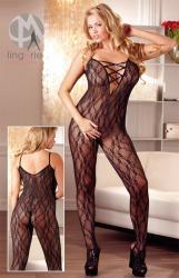 Mandy Mystery: Catsuit nera in pizzo con criss cross.