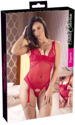 Body rosso in tulle e pizzo con coppe e cavallo removibili.