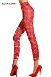 Music Legs: leggings rossi con fantasia e scritte.