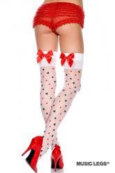Music Legs: calze bianche con simboli carte e fiocchi rossi.