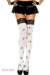 Music Legs: calze con teschi e balza in pizzo nero.