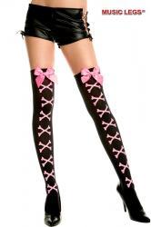 Music Legs: calze nere con ossa incrociate e fiocco rosa.