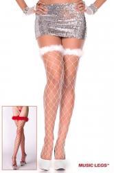 Music leg: calze a rete larga con piume di marabou.